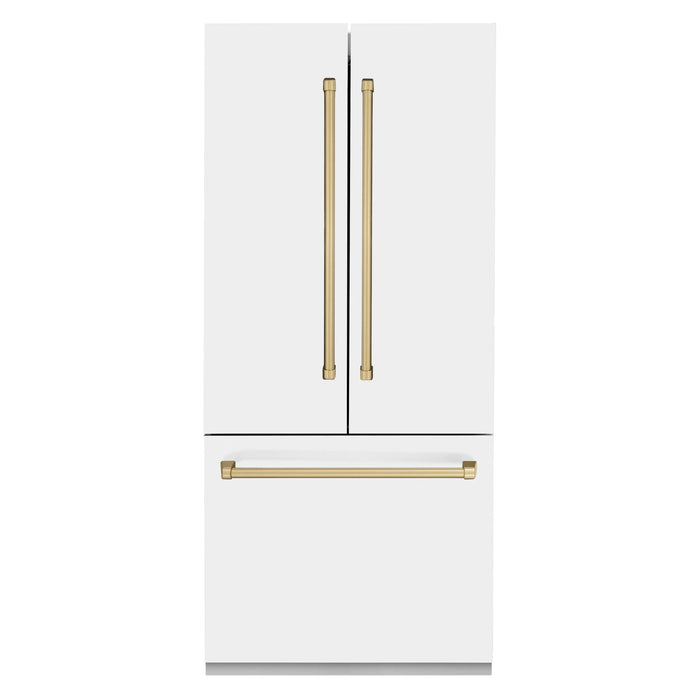 ZLINE 36" Autograph Edition French Door Refrigerator, Internal Water, Ice Dispenser, White Matte, Champagne Bronze Accents RBIVZ - WM - 36 - CB - Farmhouse Kitchen and Bath