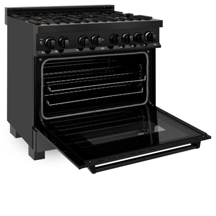 ZLINE 36" Black Stainless, Gas Burner/Electric Oven, Brass Burners, RAB - BR - 36 - Farmhouse Kitchen and Bath