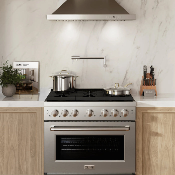 ZLINE 36 In. Gas Range, Stainless Steel w/ Brass Burners, SGR - BR - 36 - Farmhouse Kitchen and Bath