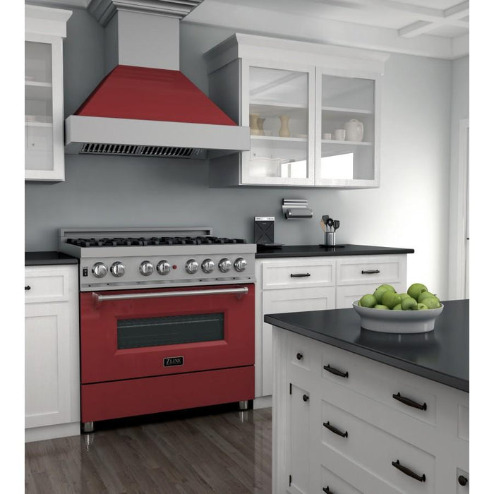 ZLINE 36" Professional Dual Fuel Range in Snow Stainless with Red Gloss Door, RAS - RG - 36 - Farmhouse Kitchen and Bath