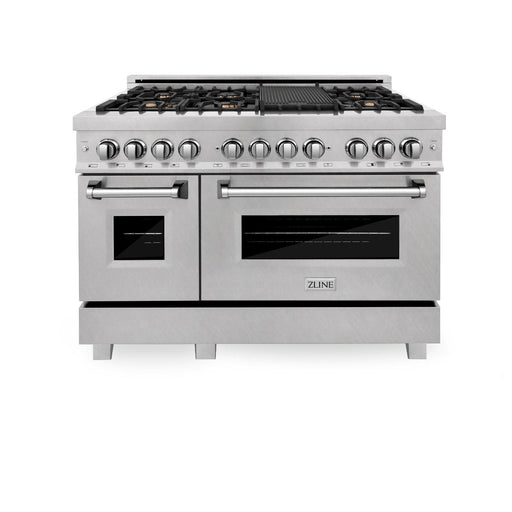 ZLINE 48" Dual Fuel Range, DuraSnow Stainless, Brass Burners, RAS - SN - BR - 48 - Farmhouse Kitchen and Bath