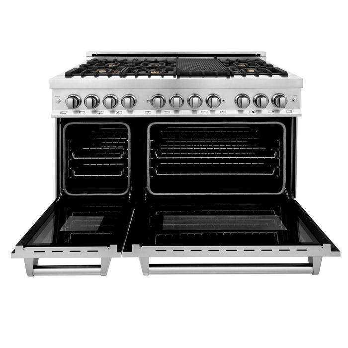 ZLINE 48" Gas Burner/Electric Oven Range Stainless, Brass Burners, RA - BR - 48 - Farmhouse Kitchen and Bath