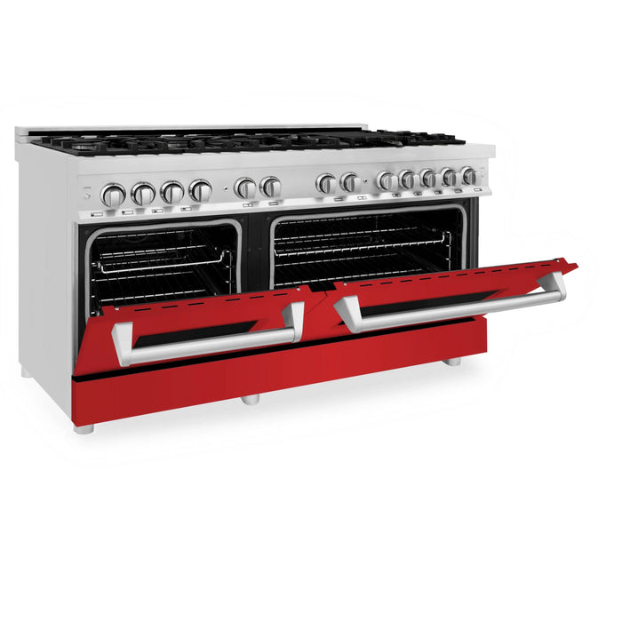 ZLINE 60" Professional Dual Fuel Range with Red Gloss Door, RA - RG - 60 - Farmhouse Kitchen and Bath