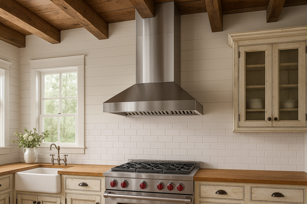 ZLINE 71" Extended Chimney, 2PCEXT-681-30/36 in farmhouse setting 