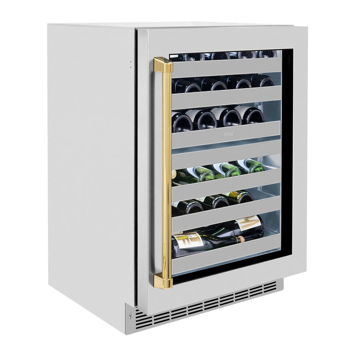 ZLINE Autograph 24 in. Dual Zone 44 Bottle Wine Cooler With Stainless Steel Glass Door And Polished Gold Handle RWDOZ - GS - 24 - G - Farmhouse Kitchen and Bath