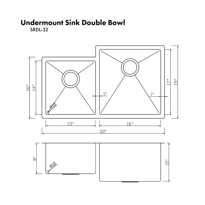 ZLINE Jackson 32" Undermount Double Bowl Sink In Stainless Steel, SRDL - 32 - Farmhouse Kitchen and Bath