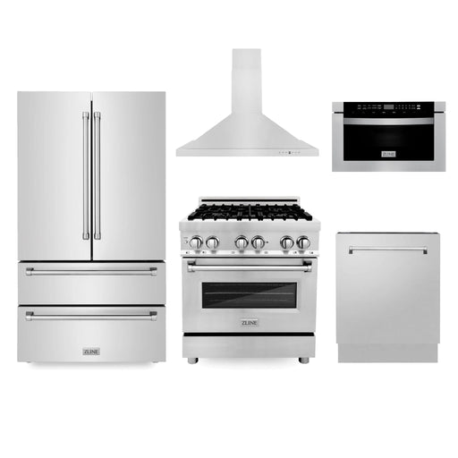 ZLINE Kitchen Package Refrigerator, Range , Range Hood , Microwave, Dishwasher 5KPR - RARH30 - MWDWV - Farmhouse Kitchen and Bath