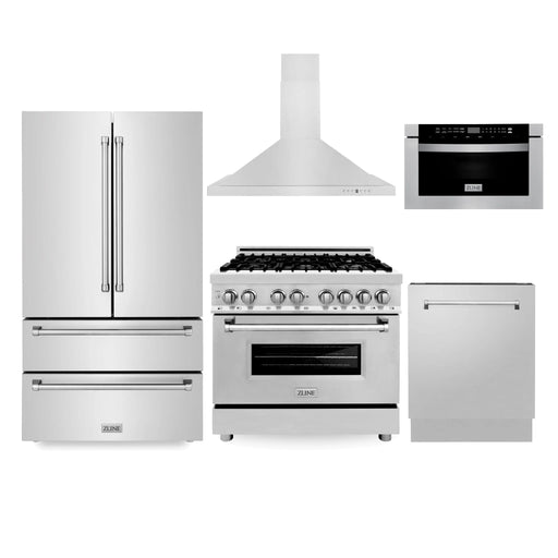ZLINE Kitchen Package Refrigerator, Range , Range Hood , Microwave, Dishwasher 5KPR - RARH36 - MWDWV - Farmhouse Kitchen and Bath