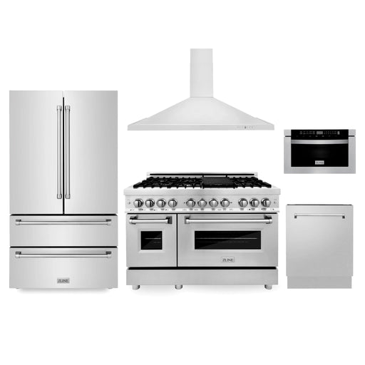 ZLINE Kitchen Package Refrigerator, Range , Range Hood , Microwave, Dishwasher 5KPR - RARH48 - MWDWV - Farmhouse Kitchen and Bath