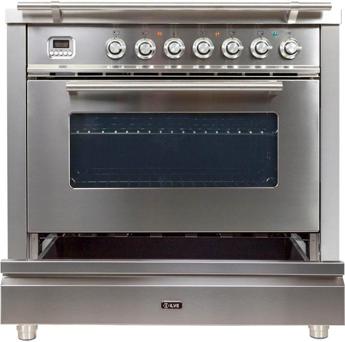 ILVE Professional Plus 36 Inch Dual Fuel Liquid Propane Freestanding Range in Stainless Steel with Chrome Trim UPW90FDMPILP - Farmhouse Kitchen and Bath