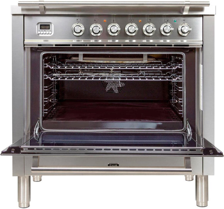 ILVE Professional Plus 36 Inch Dual Fuel Liquid Propane Freestanding Range in Stainless Steel with Chrome Trim UPW90FDMPILP - Farmhouse Kitchen and Bath