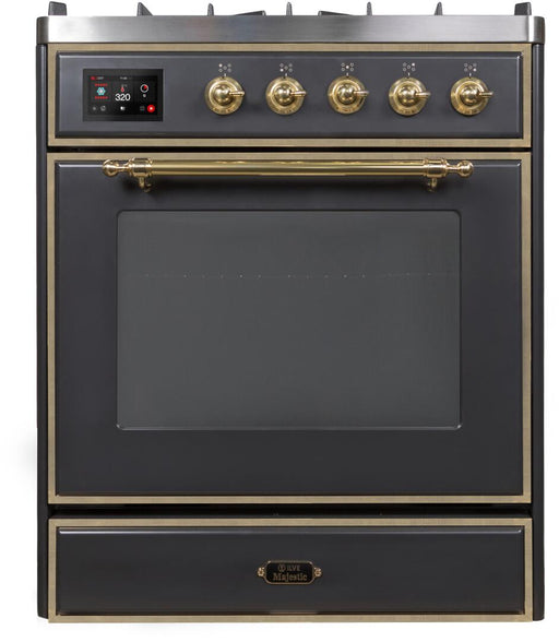 ILVE Majestic II 30 Inch Dual Fuel Natural Gas Freestanding Range in Matte Graphite with Brass Trim UM30DNE3MGGNG - Farmhouse Kitchen and Bath