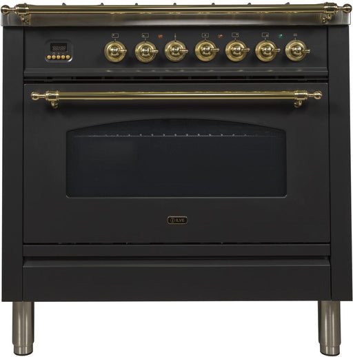 ILVE Nostalgie 36 Inch Dual Fuel Natural Gas Freestanding Range in Glossy Black with Brass Trim UPN90FDMPNNG - Farmhouse Kitchen and Bath