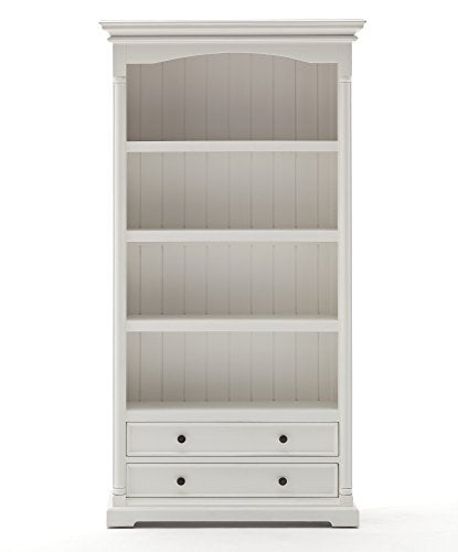 Provence Pure White Mahogany Wood Bookcase With 4 Shelves And 2 Drawers - Farmhouse Kitchen and Bath