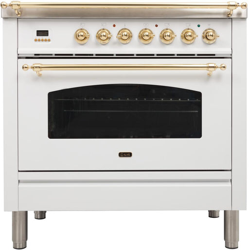 ILVE Nostalgie 36 Inch Dual Fuel Natural Gas Freestanding Range in White with Brass Trim ‎UPN90FDMPBNG - Farmhouse Kitchen and Bath