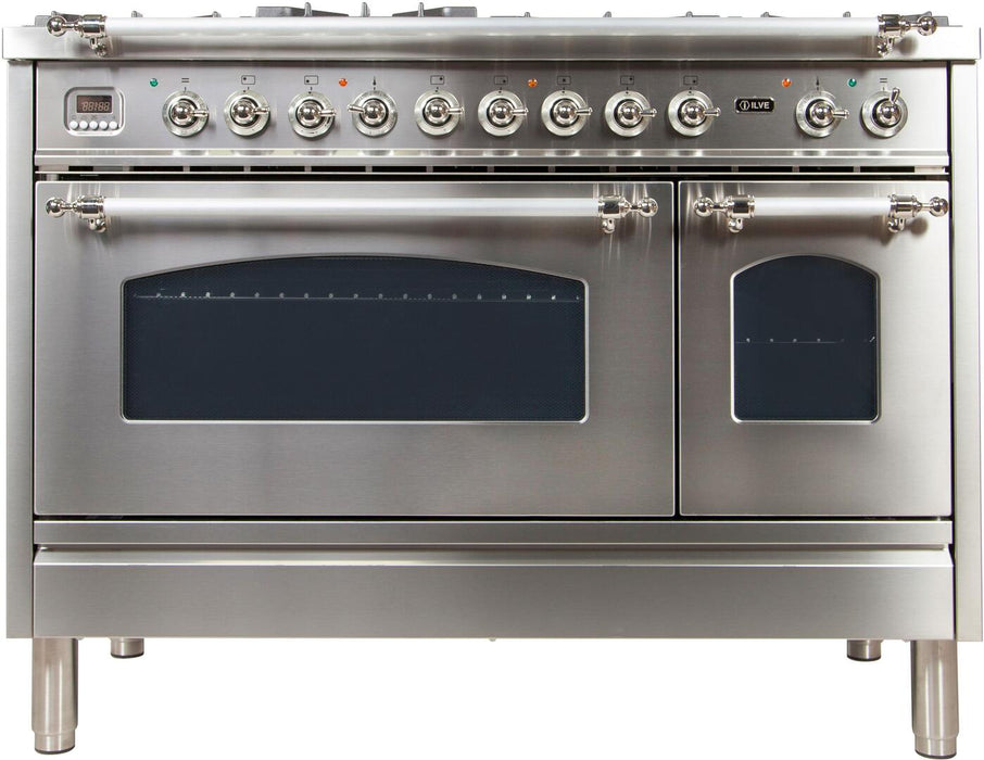 ILVE Nostalgie 48 Inch Dual Fuel Natural Gas Freestanding Range in Stainless Steel with Chrome Trim UPN120FDMPIXNG - Farmhouse Kitchen and Bath