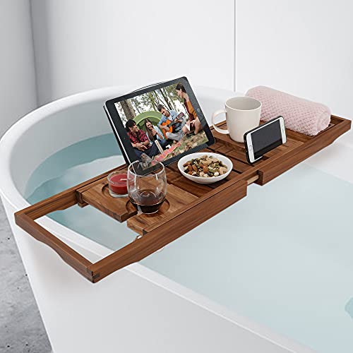 Teak Bathtub Tray, Expandable Wooden Bath Tray for Tub with Wine and Book Holder, Solid Bathroom Caddy with Free Teak Body Brush - Farmhouse Kitchen and Bath