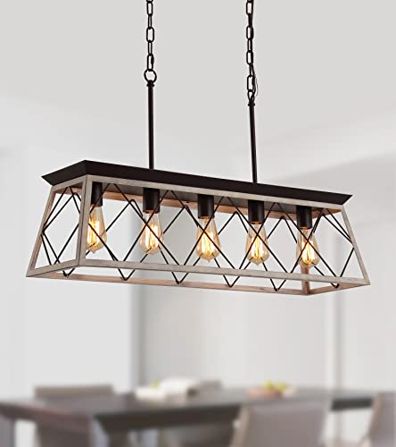 AMZASA 5-Lights Farmhouse Rustic Island Light Fixture Oak and ORB Finish Antique Linear Chandelier Pendant Light for Dining Room Kitchen Foyer Bar Office UL Listed - Farmhouse Kitchen and Bath