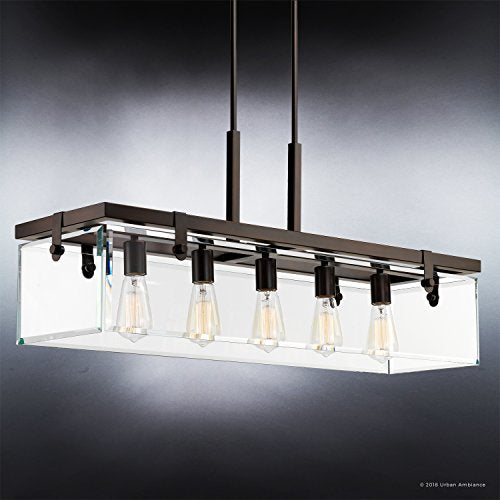 Luxury Modern Farmhouse Chandelier, Large Size: 15.75"H x 36.75"W, with Industrial Chic Style Elements, Olde Bronze Finish and Clear Shade, UHP2440 from The Bristol Collection by Urban Ambiance - Farmhouse Kitchen and Bath