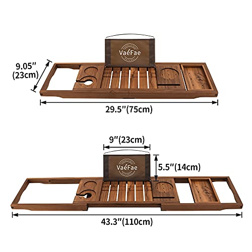 Teak Bathtub Tray, Expandable Wooden Bath Tray for Tub with Wine and Book Holder, Solid Bathroom Caddy with Free Teak Body Brush - Farmhouse Kitchen and Bath