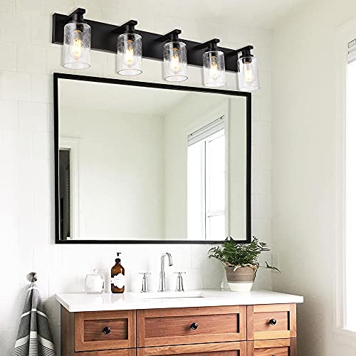 WINSHEN 5-Lights Farmhouse Bathroom Vanity Light in Black Finish Wall Mount Lighting Fixtures with Seeded Glass for Mirror Cabinet Kitchen Bedroom - Farmhouse Kitchen and Bath