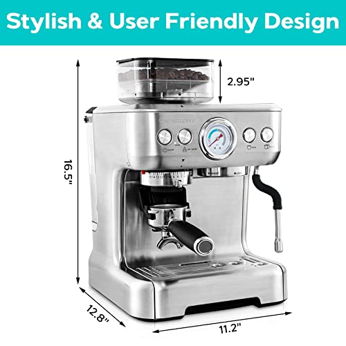 Brewsly Espresso Machine, 15 Bar Espresso and Cappuccino Latte Machiato Maker with Frother, Stainless Steel, Silver