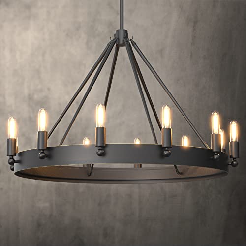 12-Light Indoor Retro Wagon Wheel Chandelier, 27.6" Round Vintage Farmhouse Island Lights Hanging Fixture for Kitchen, Living Room, Dining Room, Black (27.6" Dia) - Farmhouse Kitchen and Bath