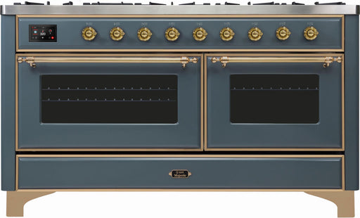 ILVE Majestic II 60 Inch Dual Fuel Natural Gas Freestanding Range in Blue Grey with Brass Trim UM15FDNS3BGGNG - Farmhouse Kitchen and Bath