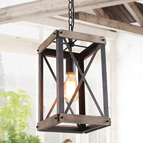 Farmhouse Pendant Lighting Fixture Rustic Wood Cage Chandelier for Kitchen Island, Entryway, Foyer, Living and Dining Room, Brown, Rectangle - Farmhouse Kitchen and Bath