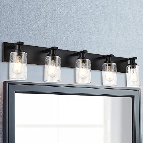 WINSHEN 5-Lights Farmhouse Bathroom Vanity Light in Black Finish Wall Mount Lighting Fixtures with Seeded Glass for Mirror Cabinet Kitchen Bedroom - Farmhouse Kitchen and Bath