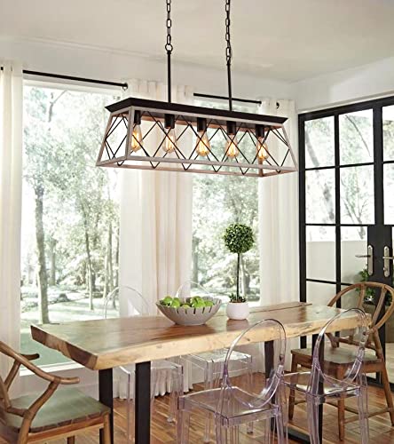 AMZASA 5-Lights Farmhouse Rustic Island Light Fixture Oak and ORB Finish Antique Linear Chandelier Pendant Light for Dining Room Kitchen Foyer Bar Office UL Listed - Farmhouse Kitchen and Bath