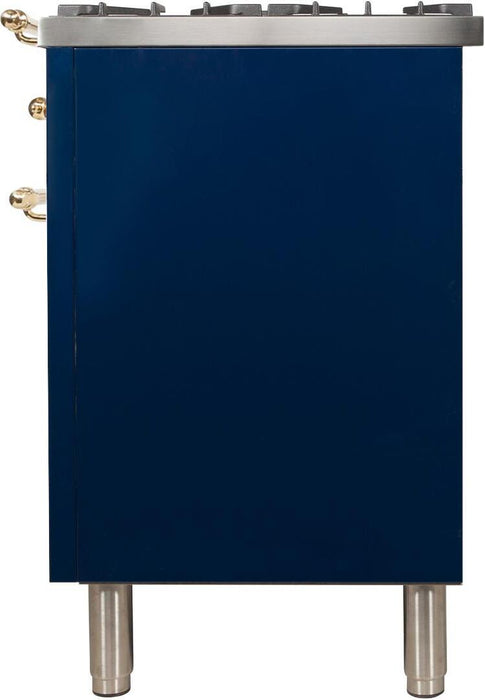 ILVE Nostalgie 48 Inch Dual Fuel Natural Gas Freestanding Range in Blue with Brass Trim UPN120FDMPBLNG - Farmhouse Kitchen and Bath