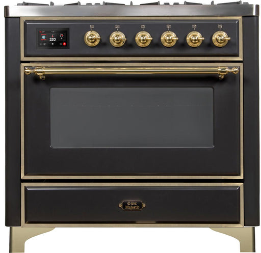 ILVE Majestic II 36 Inch Dual Fuel Natural Gas Freestanding Range in Matte Graphite with Brass Trim UM09FDNS3MGGNG - Farmhouse Kitchen and Bath