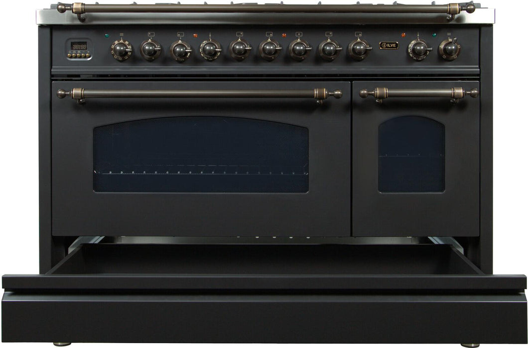 ILVE Nostalgie 48 Inch Dual Fuel Natural Gas Freestanding Range in Matte Graphite with Bronze Trim  UPN120FDMPMYNG - Farmhouse Kitchen and Bath