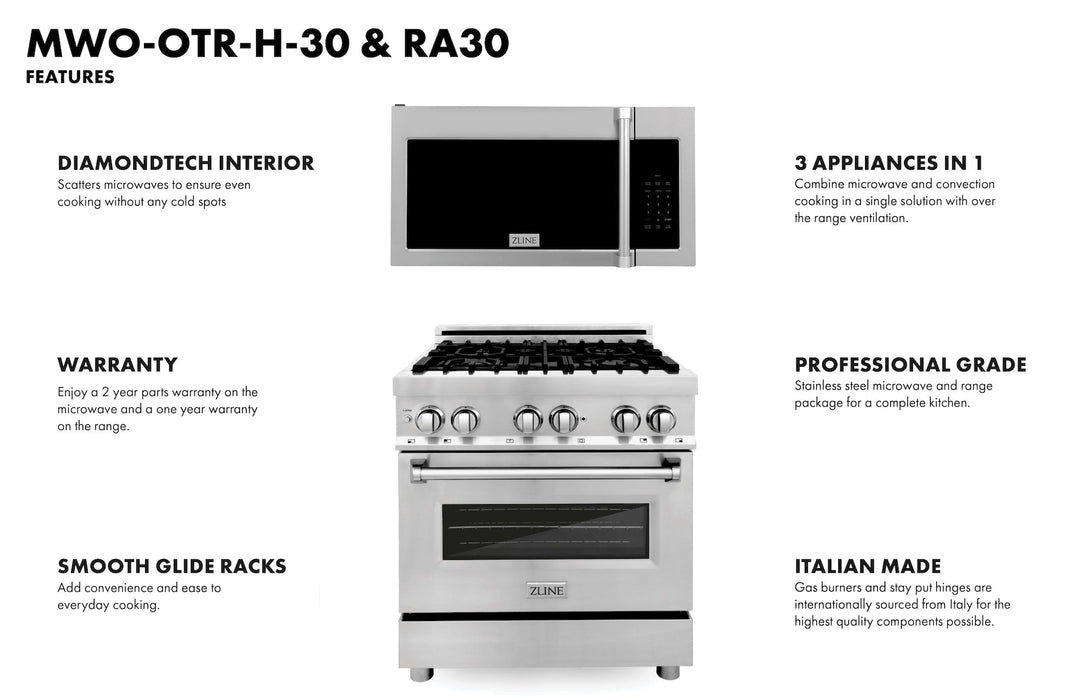 ZLINE 30" Range RA30 & Microwave MWO-OTR-H-30 Bundle, 2KP-RAOTRH30 - Farmhouse Kitchen and Bath