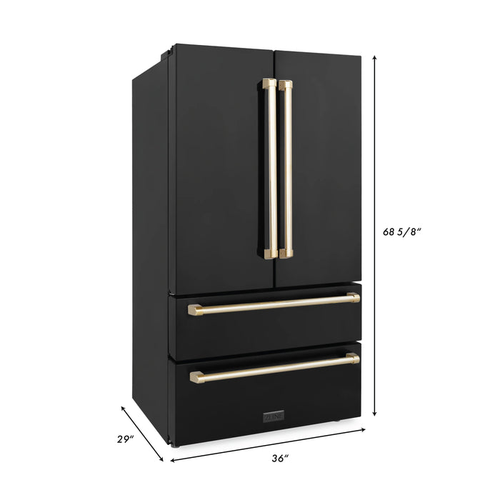 ZLINE 36" Autograph Edition 22.5 cu. ft Freestanding French Door Refrigerator with Ice Maker in Fingerprint Resistant Black Stainless Steel with Gold Accents RFMZ-36-BS-G - Farmhouse Kitchen and Bath