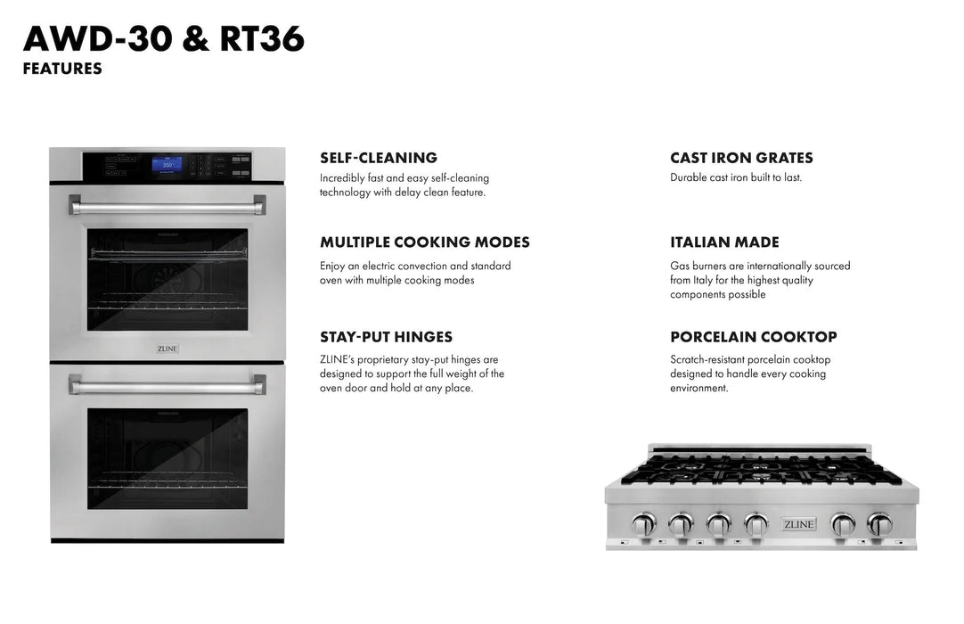 ZLINE 36" Bundle Range Top RT36 & Wall Oven AWD-30, 2KP-RTAWD36 - Farmhouse Kitchen and Bath