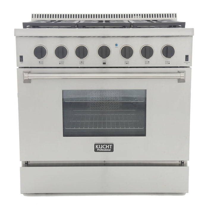 Kucht 36” Pro Stainless Gas Range, 5.2 cu ft, Black Knobs, KRG3618U-K - Farmhouse Kitchen and Bath