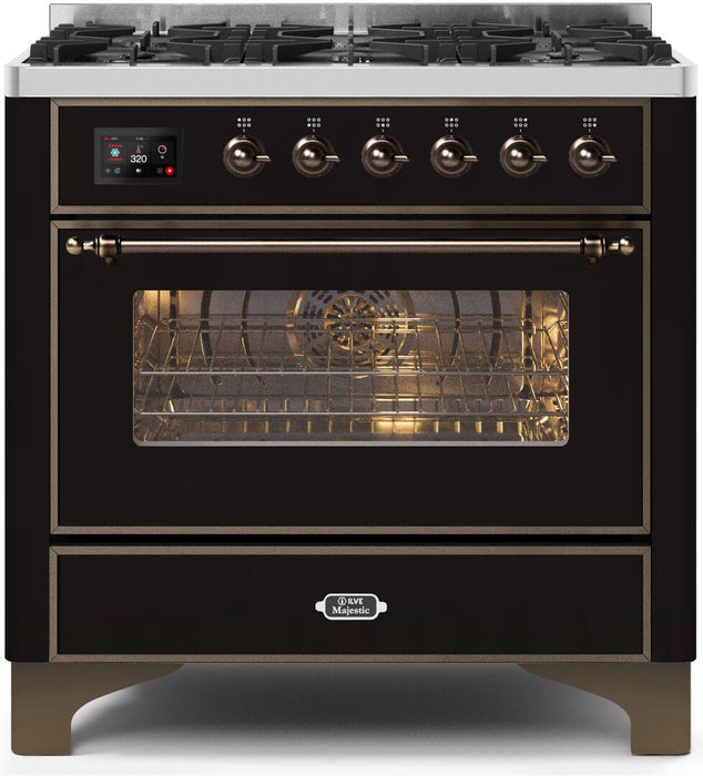 ILVE Majestic II 36"Dual FuelRange GlossyBlackBronzeTrimUM096DNS3BKBNG - Farmhouse Kitchen and Bath