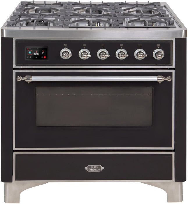 ILVE Majestic II 36"Dual Fuel Range Glossy Black-Chrome TrimUM096DNS3BKCNG - Farmhouse Kitchen and Bath
