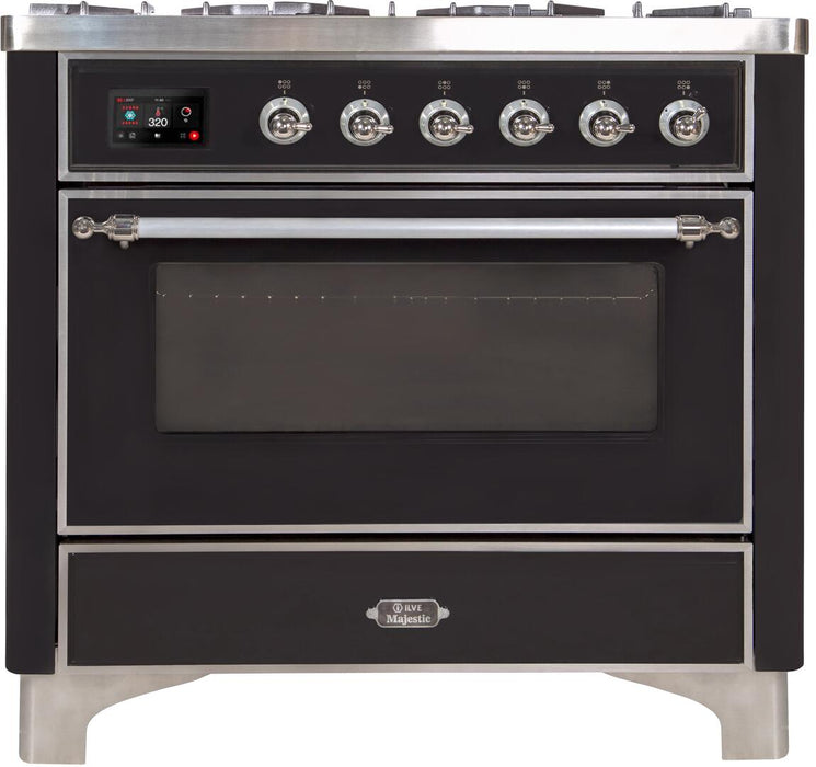 ILVE Majestic II 36"Dual Fuel Range Glossy Black-Chrome TrimUM096DNS3BKCNG - Farmhouse Kitchen and Bath