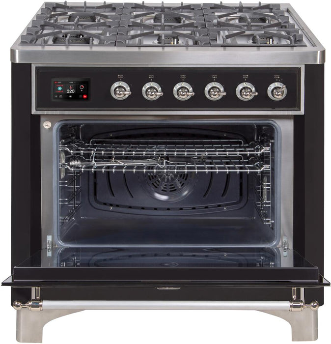 ILVE Majestic II 36"Dual Fuel Range Glossy Black-Chrome TrimUM096DNS3BKCNG - Farmhouse Kitchen and Bath