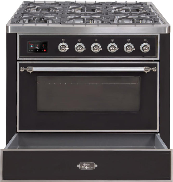 ILVE Majestic II 36"Dual Fuel Range Glossy Black-Chrome TrimUM096DNS3BKCNG - Farmhouse Kitchen and Bath