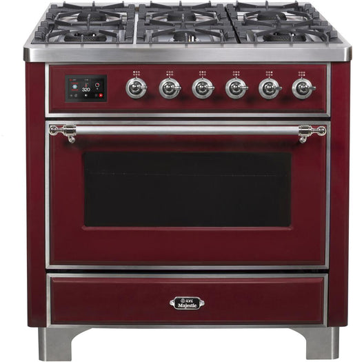 iLVE Majestic II 36 Inch Dual Fuel Natural Gas Freestanding Range in Burgundy with Chrome Trim UM096DNS3BUCNG - Farmhouse Kitchen and Bath