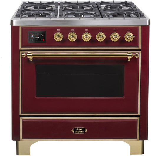 ILVE Majestic II 36"Dual Fuel Range Burgundy-Brass Trim UM096DNS3BUGLP - Farmhouse Kitchen and Bath