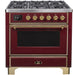 ILVE Majestic II 36"Dual Fuel Range Burgundy-Brass Trim UM096DNS3BUGLP - Farmhouse Kitchen and Bath