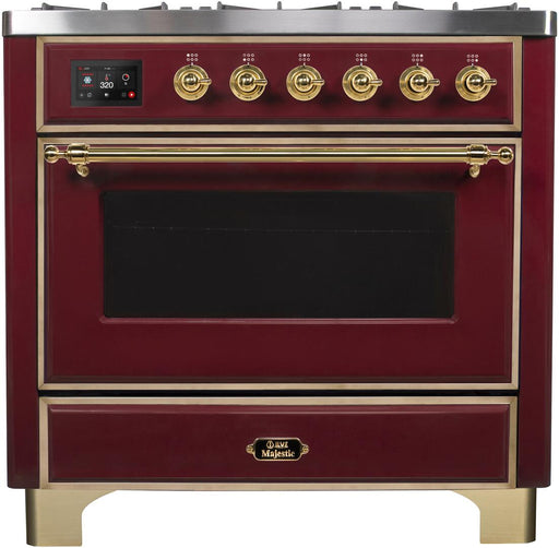 ILVE Majestic II 36"Dual Fuel Range Burgundy-Brass Trim UM096DNS3BUGLP - Farmhouse Kitchen and Bath