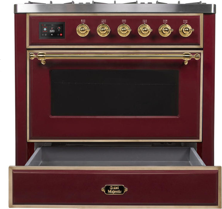 ILVE Majestic II 36"Dual Fuel Range Burgundy-Brass Trim UM096DNS3BUGLP - Farmhouse Kitchen and Bath