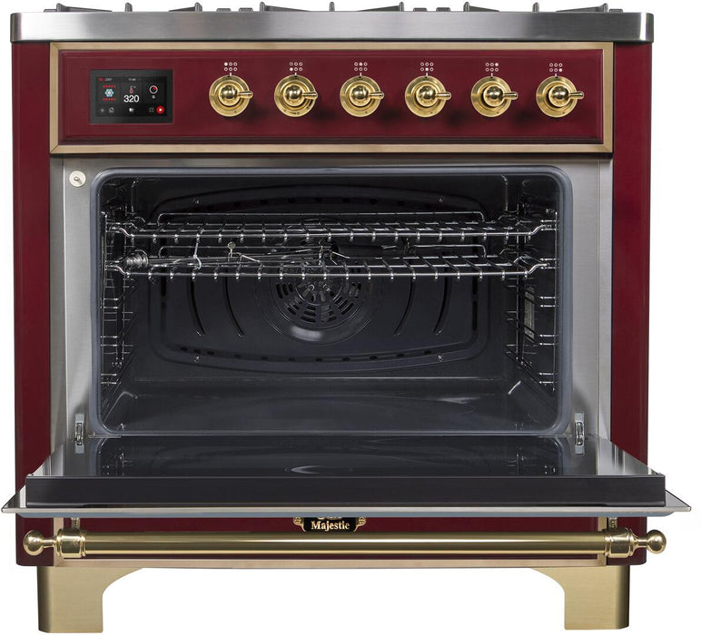 ILVE Majestic II 36"Dual Fuel Range Burgundy-Brass Trim UM096DNS3BUGLP - Farmhouse Kitchen and Bath