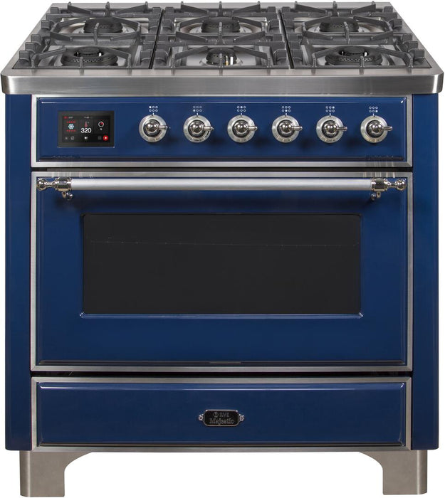 ILVE Majestic II 36'Dual Fuel Range in Blue w/ Chrome Trim UM096DNS3MBCNG - Farmhouse Kitchen and Bath
